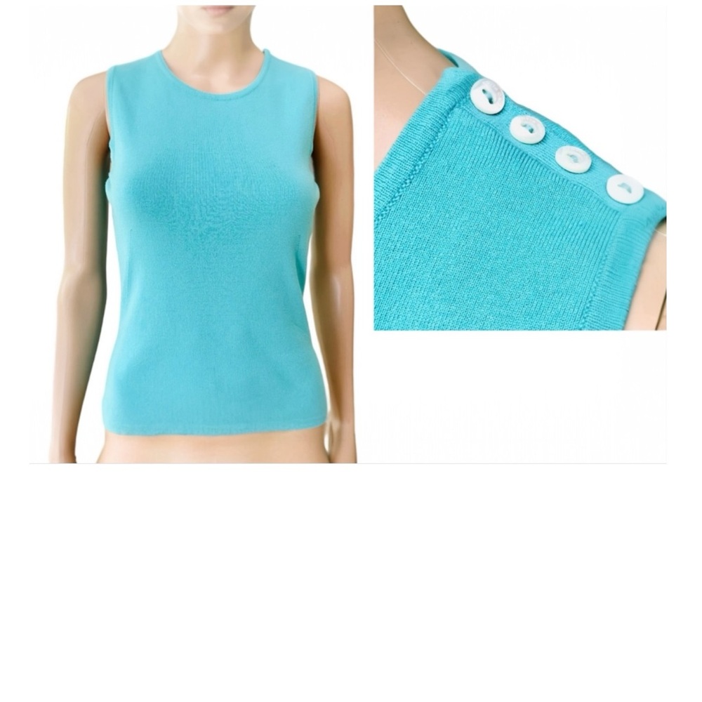 Loro Piana Aqua Turquoise Sleeveless Crewneck Tank with logo button accents Sz M